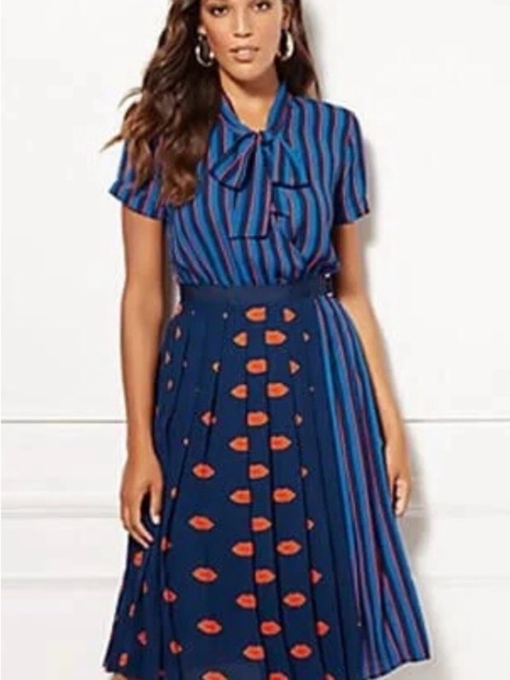 New York & Company Navy and Orange Striped & Pleated Midi Dress